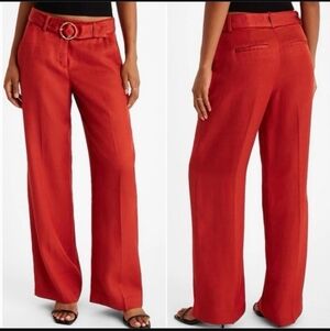 High-Rise Wide Leg Pants with Belt - Red